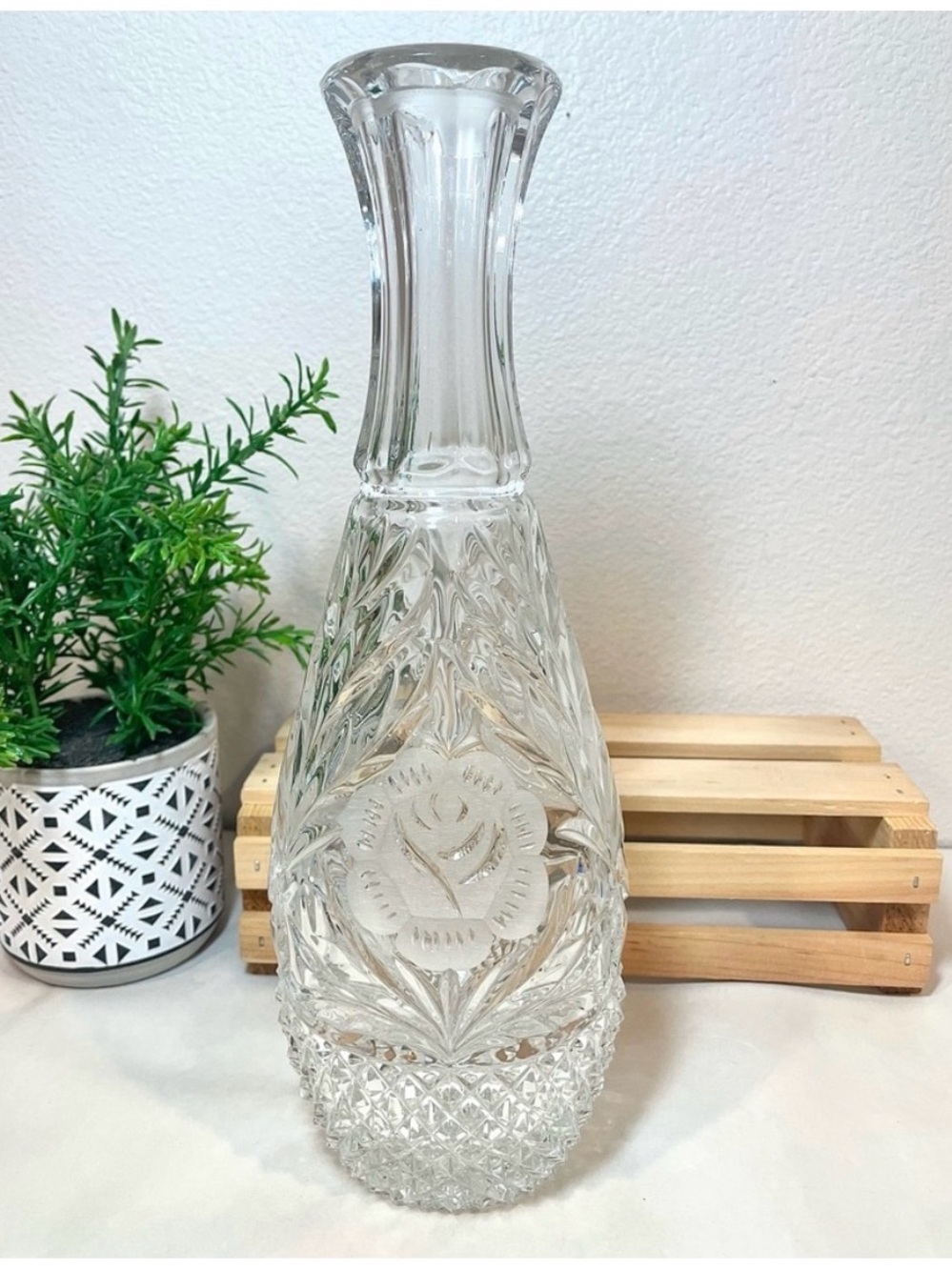 Vintage Etched Glass Decanter Frosted Rose Diamond Point Design | Heavy | EUC